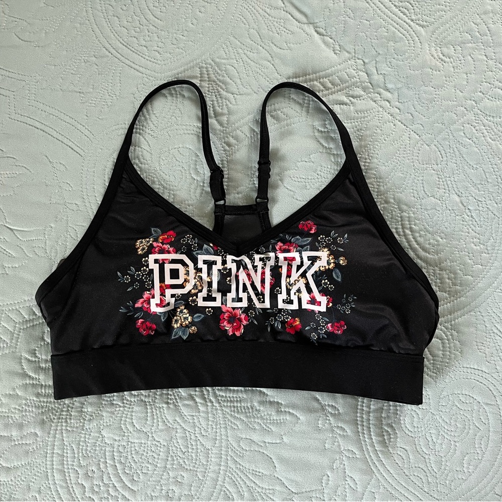 PINK Victoria's Secret Black and Pink Floral Racerback Sports Bra Size M